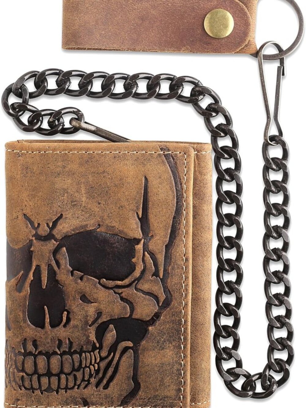 Vintage Biker Tri-Fold Leather Wallet with RFID Blocking & Steel Chain, Brown